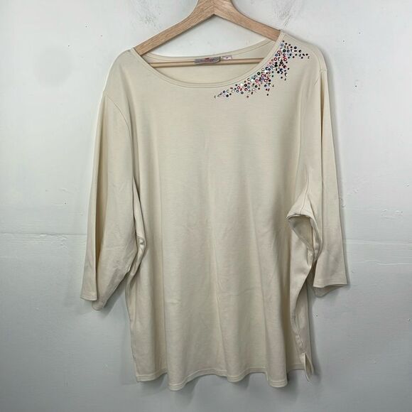 Quacker Factory Embellished Cream color 3/4 sleeve top round neck popover 3X - Picture 1 of 14